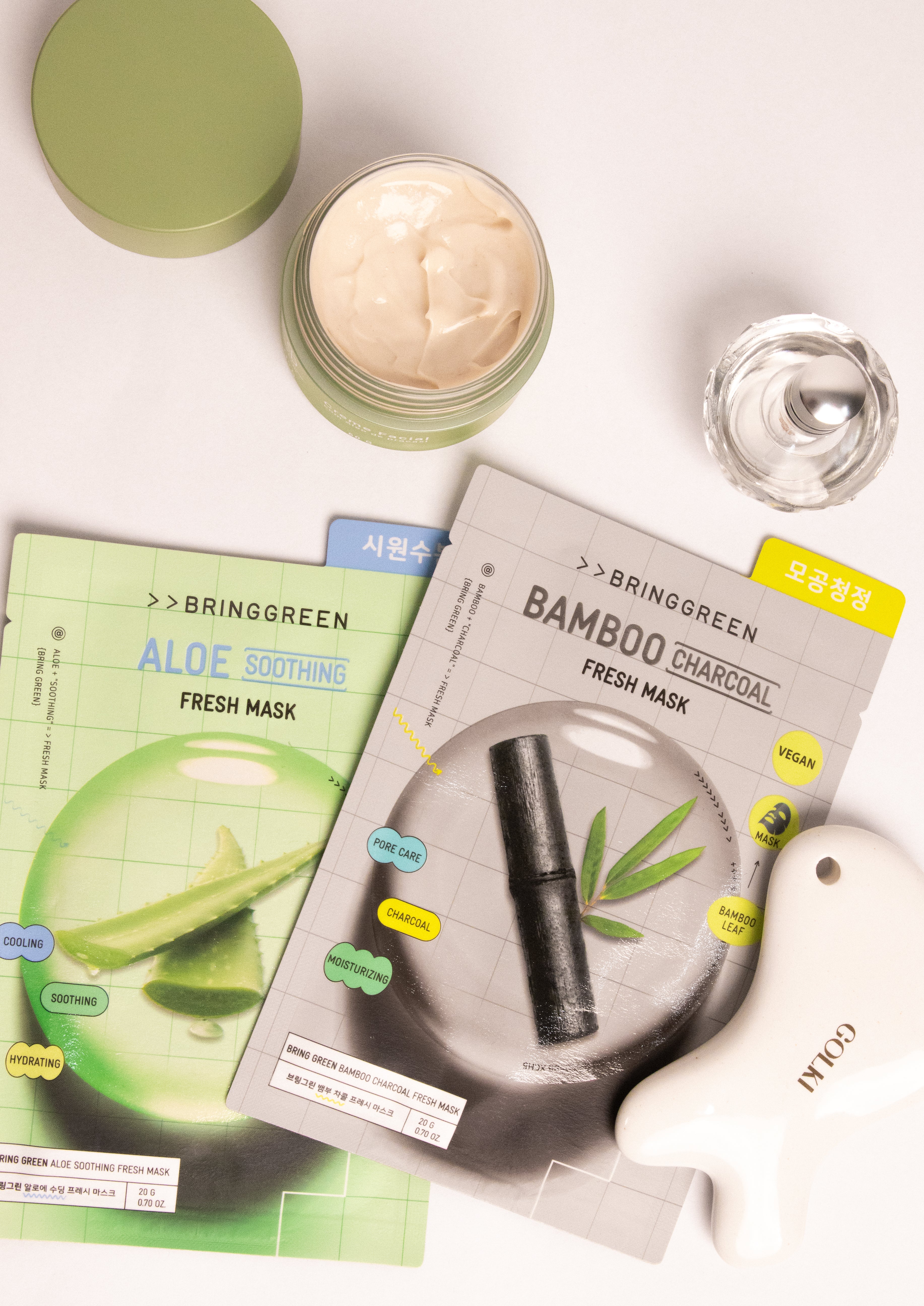 Gua Sha Golki Argila Branca + três sheetmasks Bringgreen